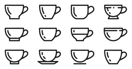 Set of Line Art Icons for Coffee and Tea Cups in Simple Outline Style
