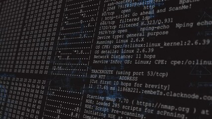 Blue light flare shifting rightward as Nmap scanning listing ports running scripts for network scan - Powered by Adobe