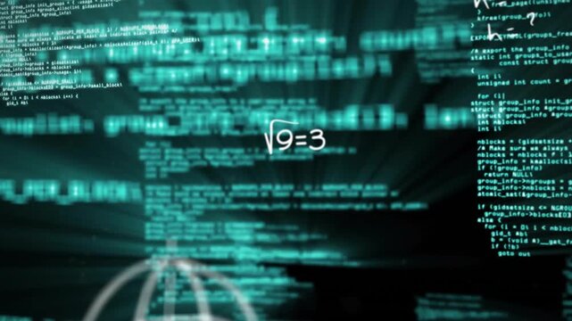 Code scrolling causing ?9=3, E=mc&sup2; appearing sphere rotating symbols floating forming math display