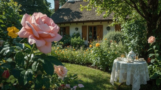 Beautiful yellow and pink roses blooming in a summer garden near the house