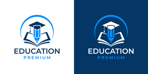 Education Logo Design Vector Template. Graduation, Scholar, School Logo Icon Symbol. Design of College, Graduation, Hat, Cap, Book, Pen, Creative, Modern. 4