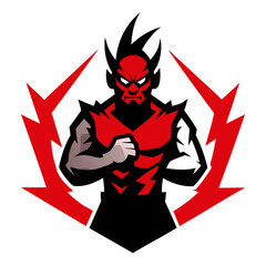 Power-Pose Samurai Mascot with Electric Red Effects in Sharp Emblem