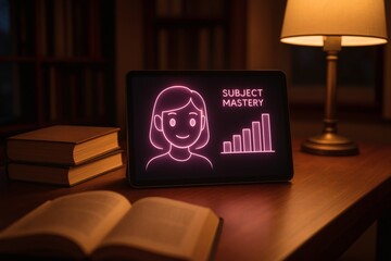 Tablet Displaying Neon AI Tutor with Subject Mastery Chart in Cozy Lamp Lit Study Room