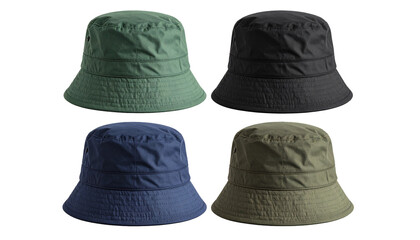 Four bucket hats in green, black, blue, and olive colors arranged on a white background.