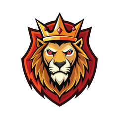 Majestic lion wearing a golden crown, depicted as a regal king with intense eyes, representing power, leadership, and royalty in a bold, graphic style