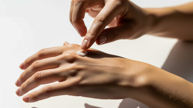Minimalist close-up of hand applying cream, natural nails and soft light with white background.
