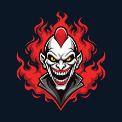 Menacing clown with a devilish grin and fiery red hair, depicted in a stylized, graphic illustration with glowing yellow eyes and sharp teeth, set against a dark background