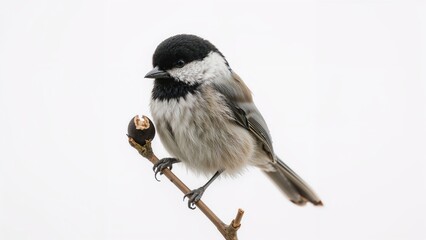 Naklejka premium Chickadee with dark cap enjoying a black sunflower seed