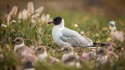 Obraz premium Colony of Black-headed Gulls in Their Natural Habitat During Spring