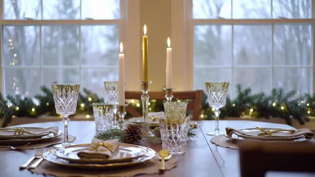 Close-up of elegant Christmas table setting with candles. Holiday dinner mood

