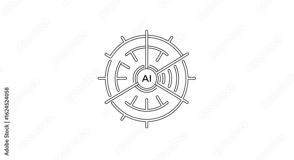 Poster a stylized ai logo with circular design and radiating lines on a white background in simple black ou
