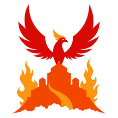 Fototapeta premium Fiery Phoenix Rising from Ruins with Embers and Rich Gradient Flames