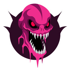 Alien Head with Split Jaws and Neon Acid in Horror-Sci-Fi Vector Badge
