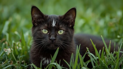 Portrait of a black cat with white face markings against a grassy background