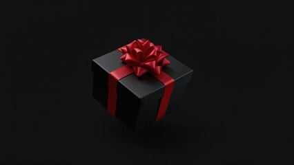Fototapeta premium Black Friday discounts. Dark gift box with a red ribbon suspended against a black backdrop. Concept of online shopping and savings