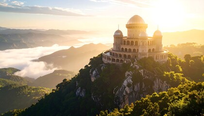 Obraz premium Castle on Mountain Top at Sunrise with Foggy Valleys Landscape