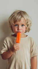A young child in a beige shirt holds a vibrant orange popsicle against a plain background, capturing the essence of summer and childhood joy