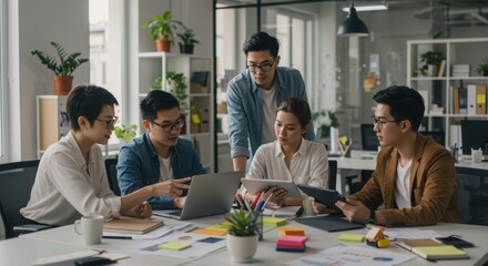 A team of Asian professionals collaborates in a modern office, discussing ideas while using a laptop and tablets.