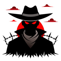 Western Outlaw with Glowing Eyes and Barbed Wire in Desert Vector Design