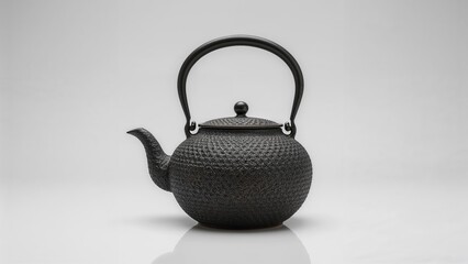Iron teapot in black displayed on a white surface. Oriental heritage.