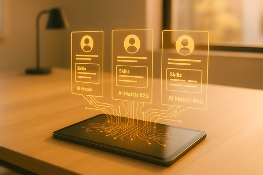 Tablet Scanning Resumes with AI Holograms on Office Desk at Sunrise
