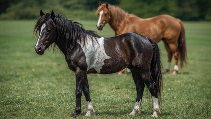 Obraz premium Two Falabella miniature horses, one black and white and the other brown, standing on a pasture.