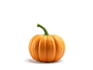 Obraz premium Single Perfectly Round Orange Pumpkin Isolated on a White Background with a Smooth Green Stem, Ideal for Autumn, Halloween, and Thanksgiving Concepts