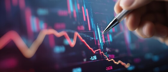The hand illustrating financial trends on a digital trading chart.