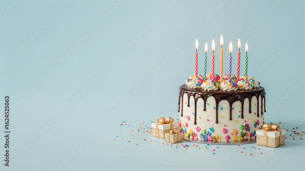 Poster cake adorned with burning candles on a light azure background with text area