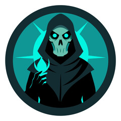 Skull Figure with Cracked Mask and Cyan Aura Holding Spectral Weapon in Tech Crest