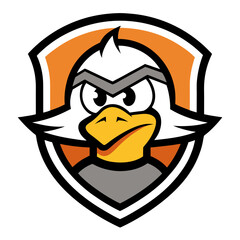 Cartoon Duck in Battle Helmet with Fierce Eyes in Retro Varsity Badge