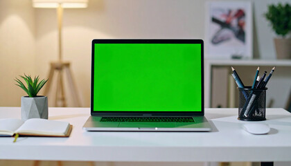 Naklejka premium Laptop with Green Screen on White Desk Mockup for Technology and Design Integration