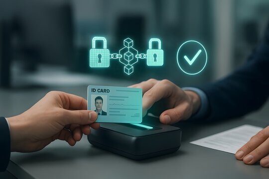 Hand Scanning Fingerprint at Futuristic Biometric Turnstile with Glowing Green HUD Interface in Subway Station - Powered by Adobe