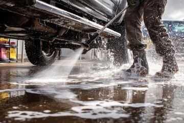 Naklejka premium Person washing truck undercarriage with high-pressure water