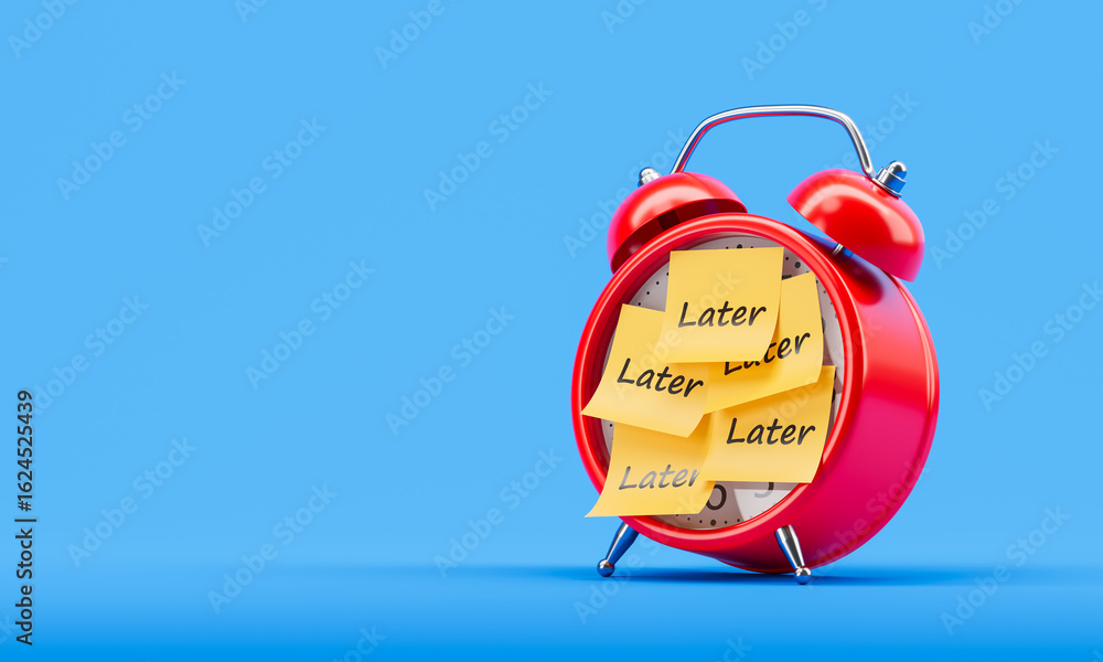 Poster red alarm clock covered in yellow sticky notes with the word 