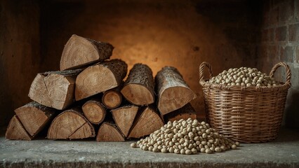 Eco-friendly wood-based heating solutions: firewood, pellets, and briquettes burning in a fireplace. Renewable, sustainable, and carbon-neutral energy source.