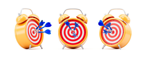 Orange alarm clocks with bullseye targets hit by blue darts symbolizing precision timing and goal...