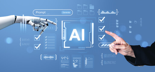 Human and robot hands interacting with digital AI interface on blue background, symbolizing machine learning and automation concept in technology industry.