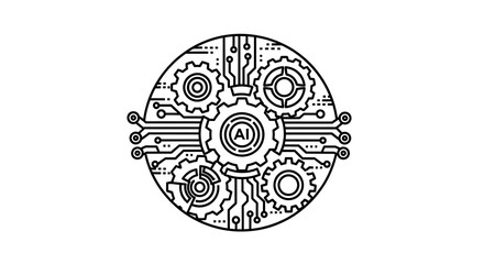 A black and white ai symbol with gears and circuit board design on a white isolated background
