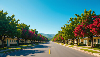 Fototapeta premium Autumn landscape with trees along an asphalt road in a city park under a cloudy sky