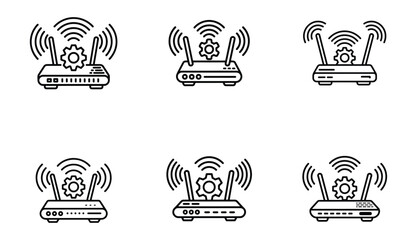 Six stylized outline icons of wireless routers emitting wi fi signals with a gear symbol representing settings
