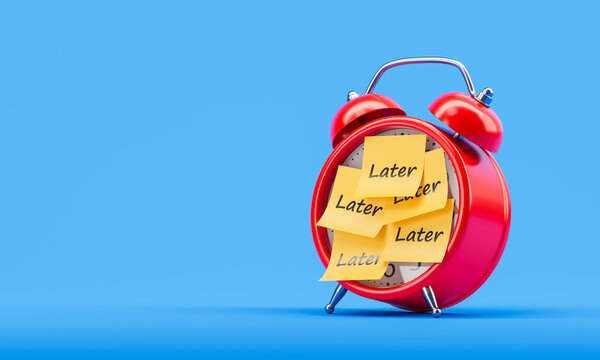 Red alarm clock covered in yellow sticky notes with the word "Later" symbolizing procrastination concept on solid blue background. 3D Rendering. 3D Rendering - Powered by Adobe