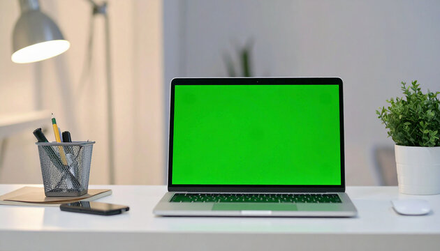 Laptop with Green Screen on Clean White Desk Mockup for Content Creators and Designers