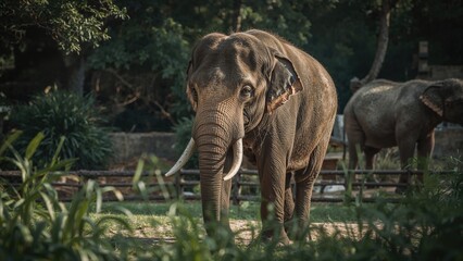 Fototapeta premium Huge Elephant Exploring the Zoo Grounds