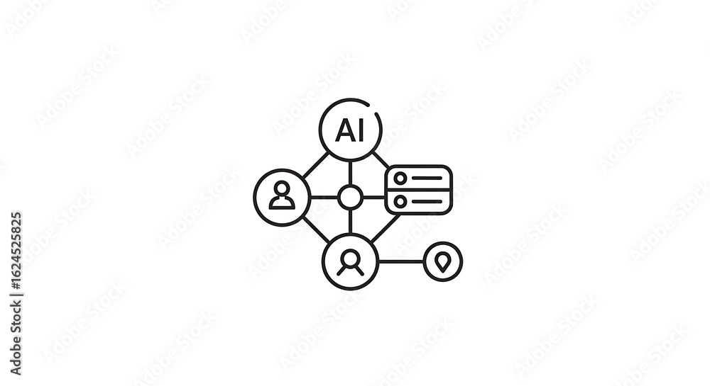 Aufkleber illustration of ai connected to users servers and location on a white background in simple line art