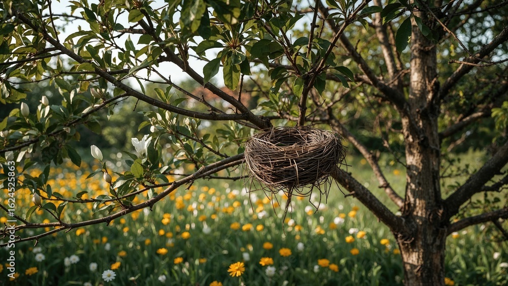 Poster birds nesting within a fragrant tree