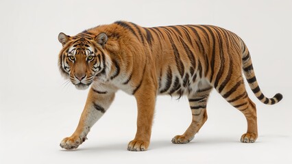 White backdrop featuring a Bengal tiger in motion