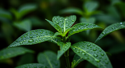 Close-up of tropical medicinal plants in natural morning light, with dew on the leaves, captured in a botanical garden or natural jungle environment. Focus on textures, vibrant green tones, and the un