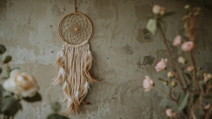 Wedding scene featuring a beige and golden dream catcher on a rough dark surface