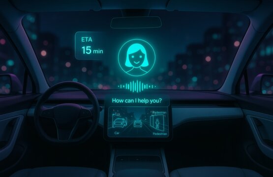 Futuristic Self Driving Car Interior with AI Assistant Hologram Display and Object Detection at Night in Cityscape